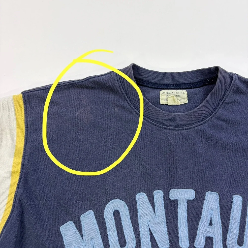 Y2K American Eagle Montauk Graphic T-Shirt Mens Medium Navy Blue Striped Sleeve